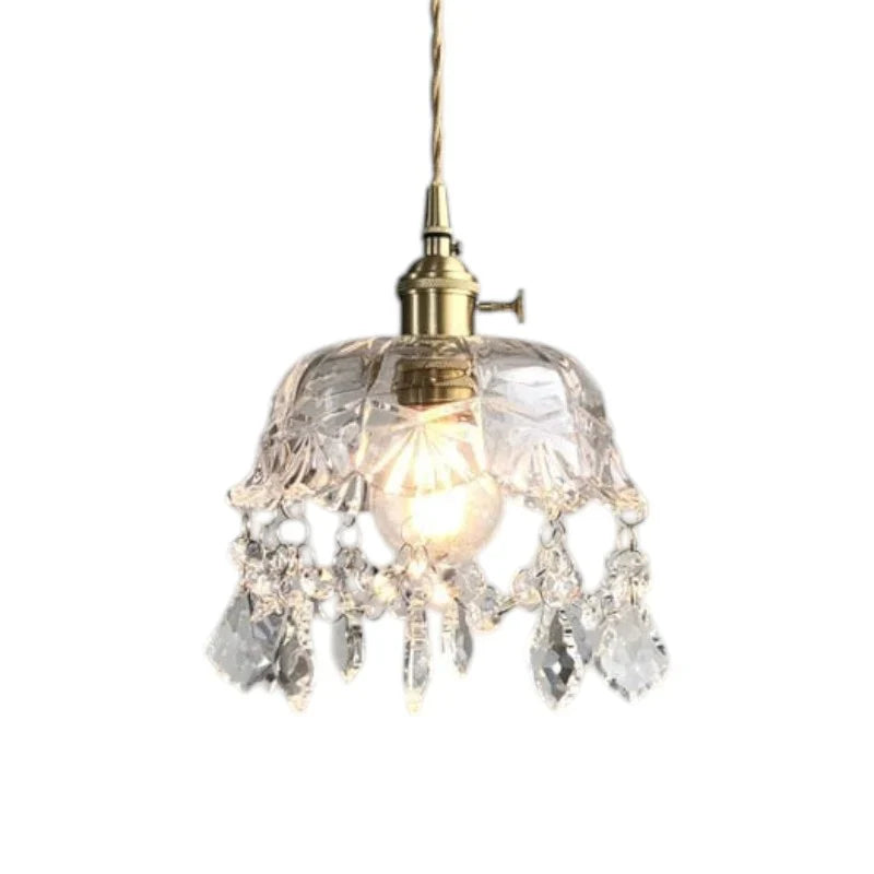 Lampa wisząca szklana retro kryształowa z mosiężnym wykończeniem